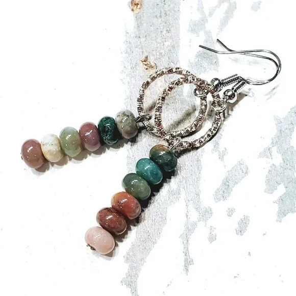 Indian Agate Gemstone Rondelle Beads Textured Silver Ring Handcrafted Earrings - Picture 9 of 11